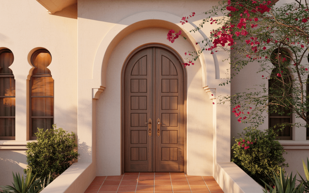Classic simple main door design with arched frame and Mediterranean vibe