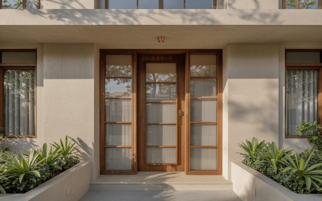 Elegant simple main double door design with glass for a brighter entry