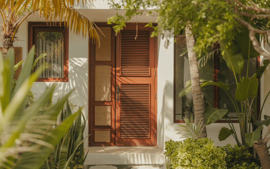 Tropical simple main door design with rattan panels and garden view