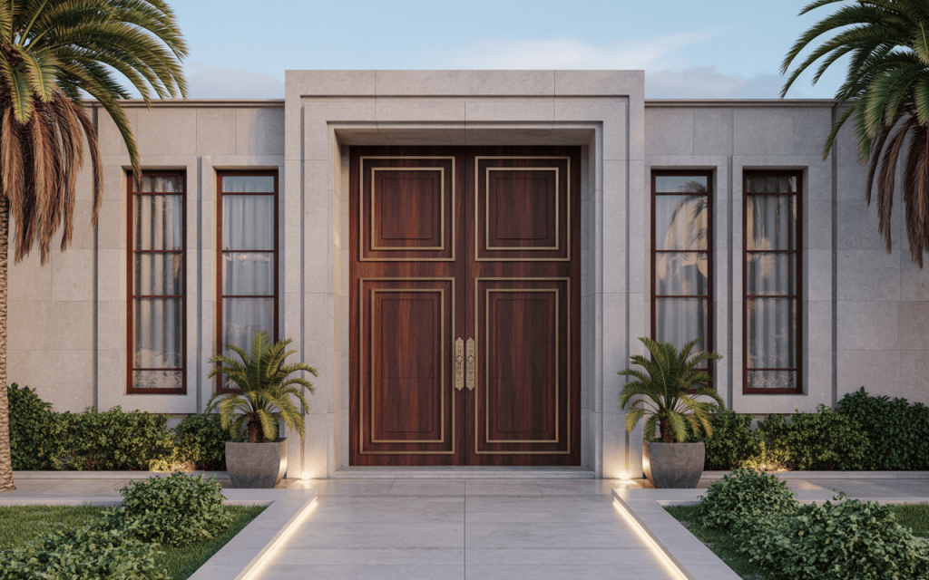 Grand best wooden main door design with gold accents and a modern stone facade