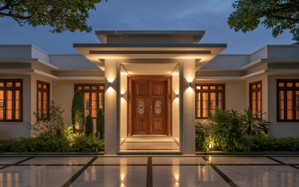 Grand house wooden main door design with carved panels and warm lighting