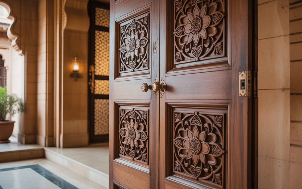 Artistic classic wooden main door design with intricate floral carvings and knobs