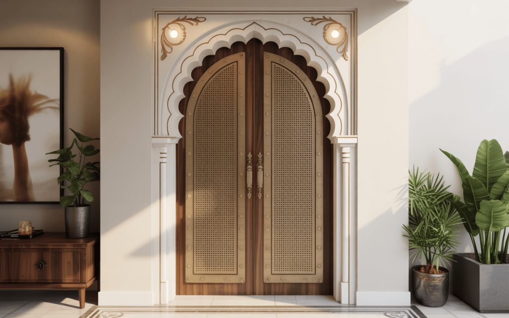 Arched classic wooden main door design with cane paneling and jharokha arch