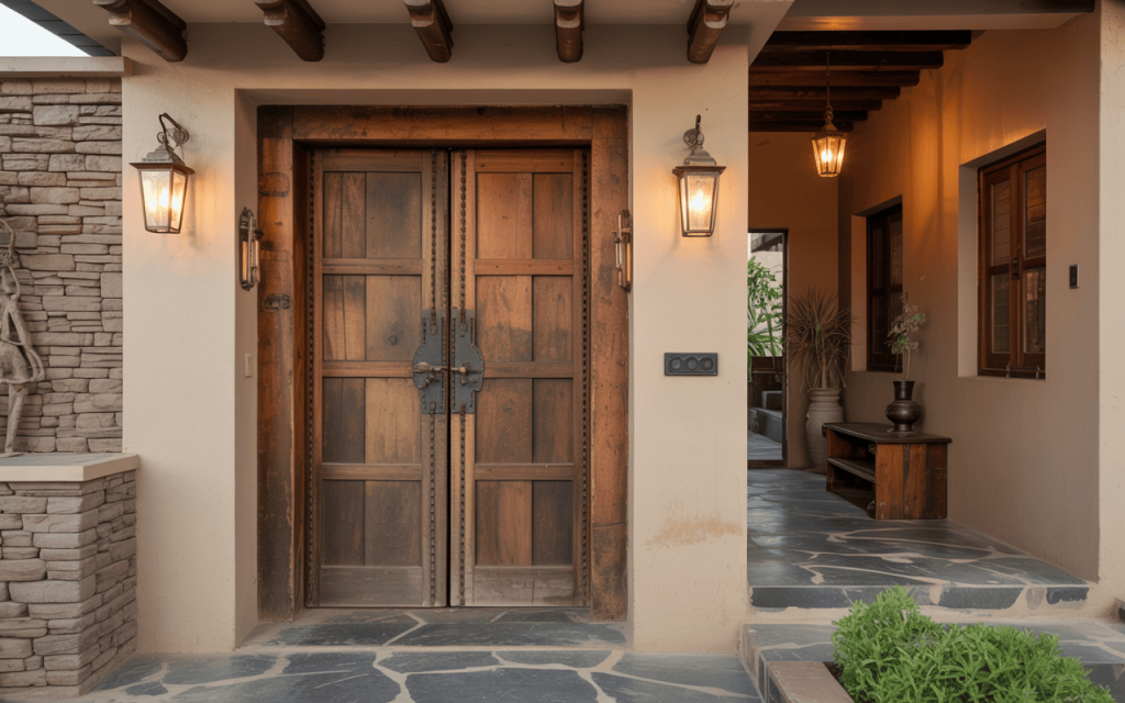 Rustic house wooden main door design with vintage metal accents and warm lighting