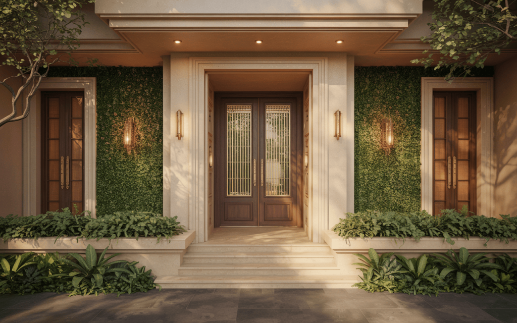 Elegant wooden main door design with vertical grills and lush green vertical walls