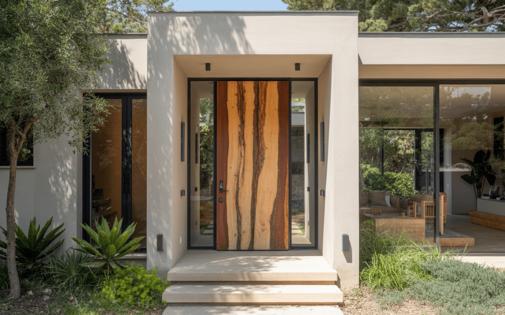 Striking single wooden main door design with live edge slab and glass frame