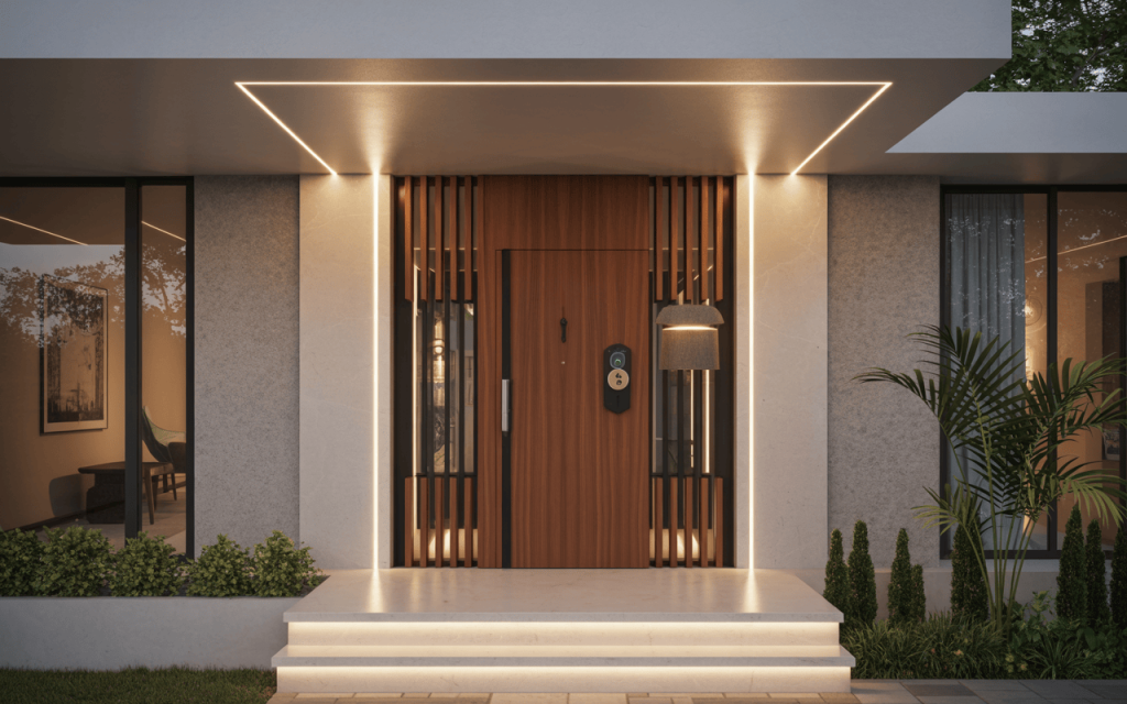 Stylish modern wooden main door designs with lighting and smart lock features