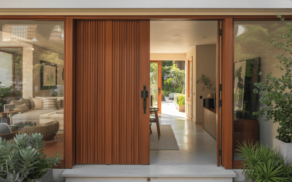 Elegant modern wooden main door designs with sliding and glass side panels