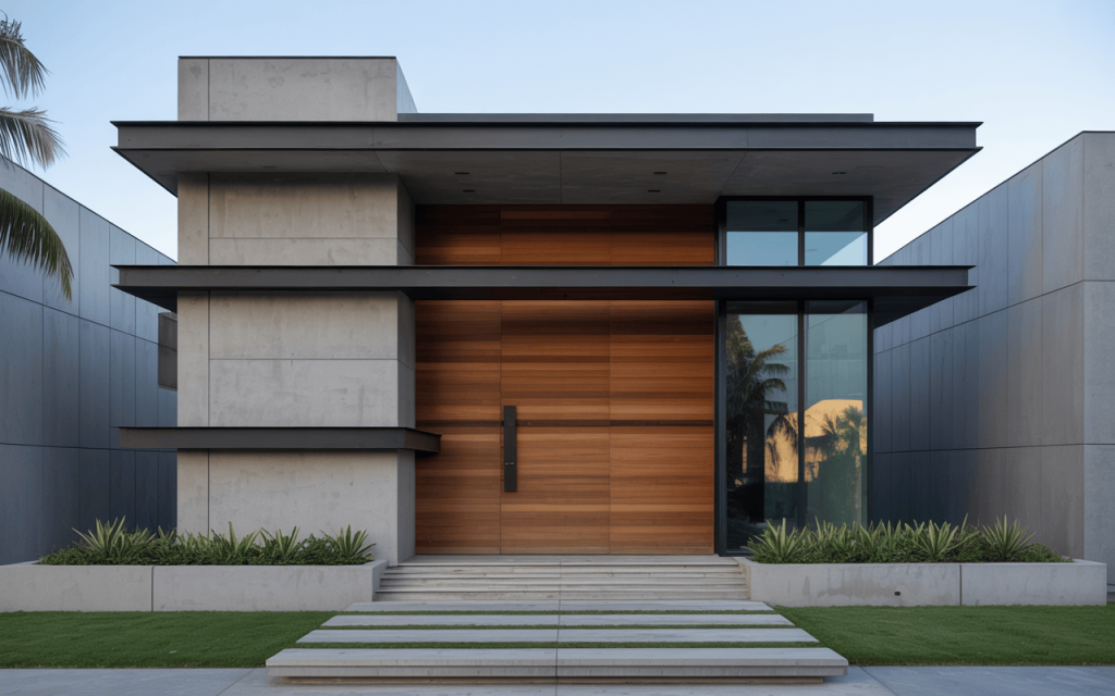 Striking wooden main door design 2025 with bold minimal lines and modern elevation