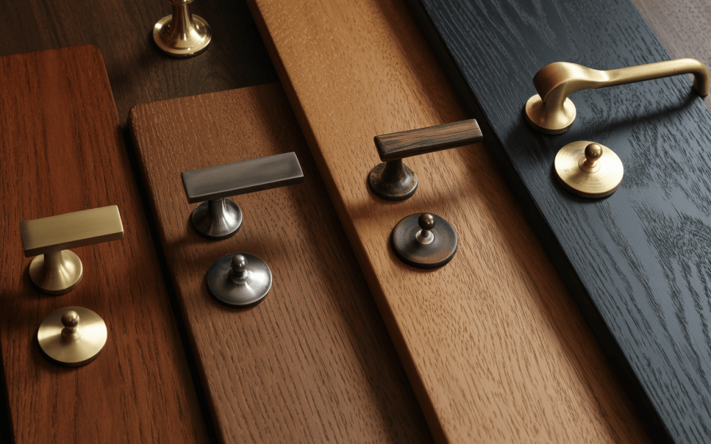 Stylish best wooden main door design handles in various metal finishes