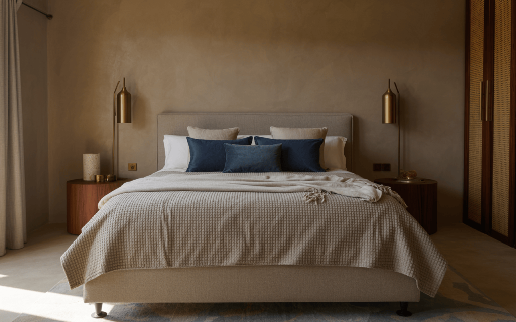 Cozy normal bedroom colour design with beige textures and deep blue accents