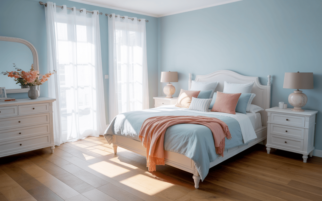 Charming normal bedroom colour combination in soft blue and blush pink tones