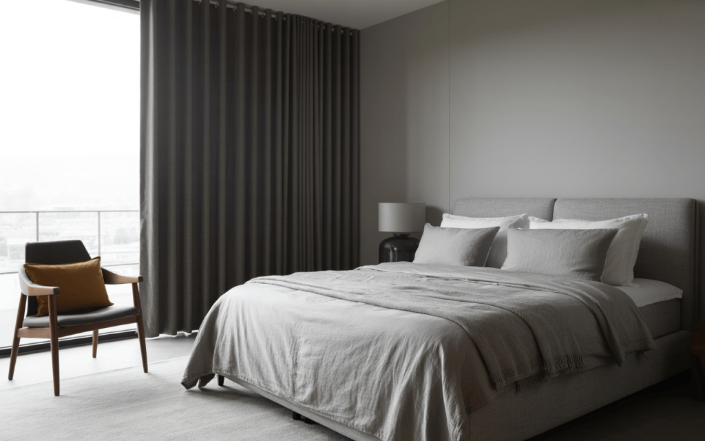Minimalist modern normal bedroom colour with grey tones and cozy textures