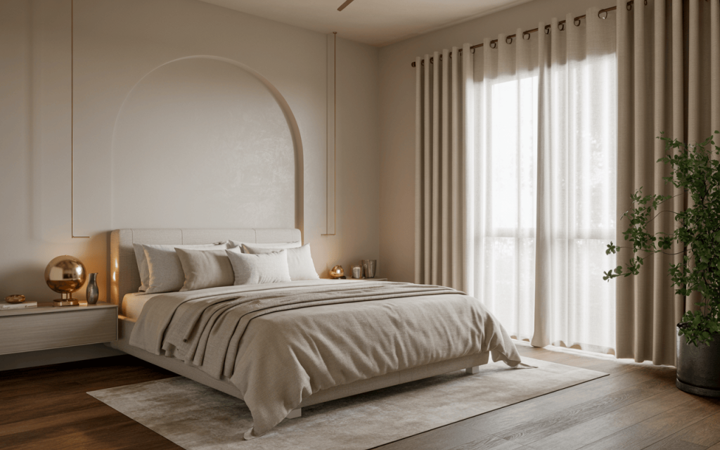 Elegant simple normal bedroom colour with soft beige and natural lighting