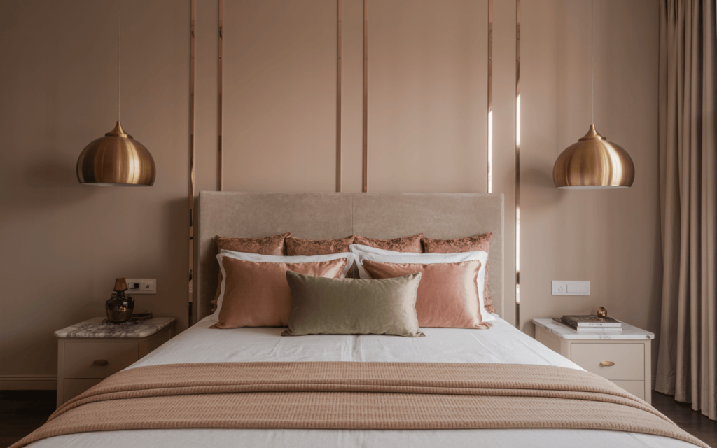 Elegant normal bedroom colour combination in warm beige and bronze accents