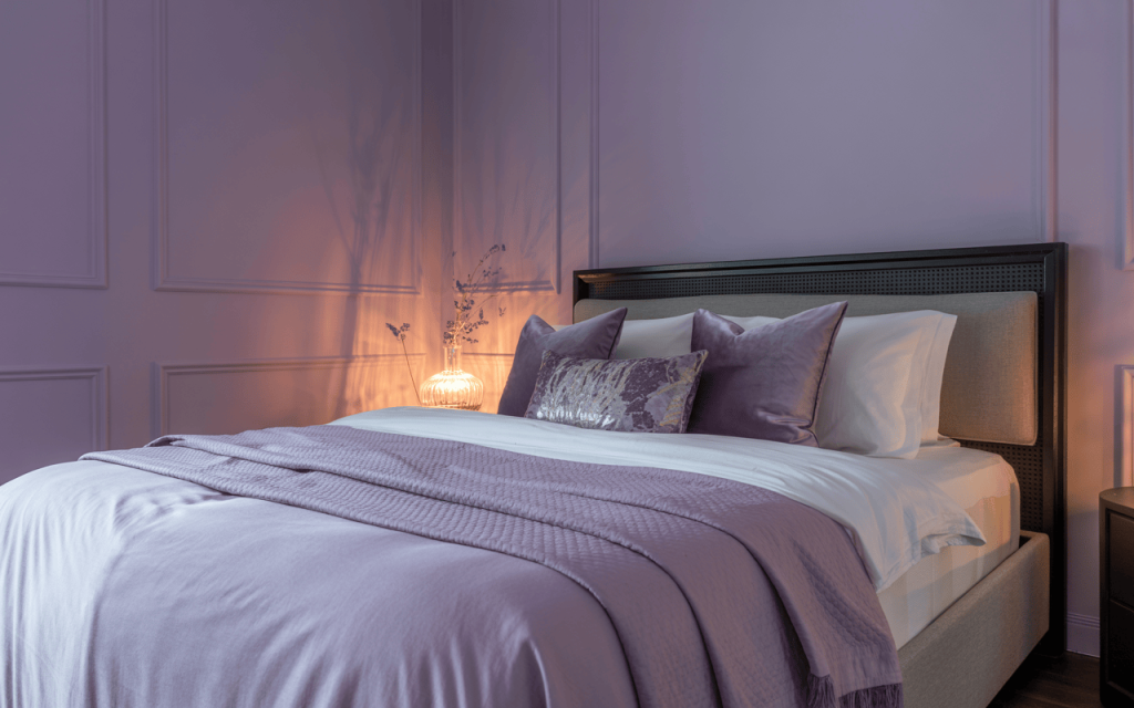 Elegant normal bedroom colour design with rich purple tones and cozy lighting