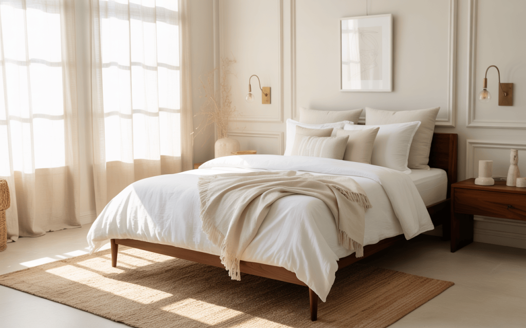 Bright simple normal bedroom colour theme with cozy white and beige palette