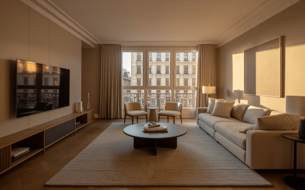 Elegant modern tv wall design enhances the cozy and minimalistic living space