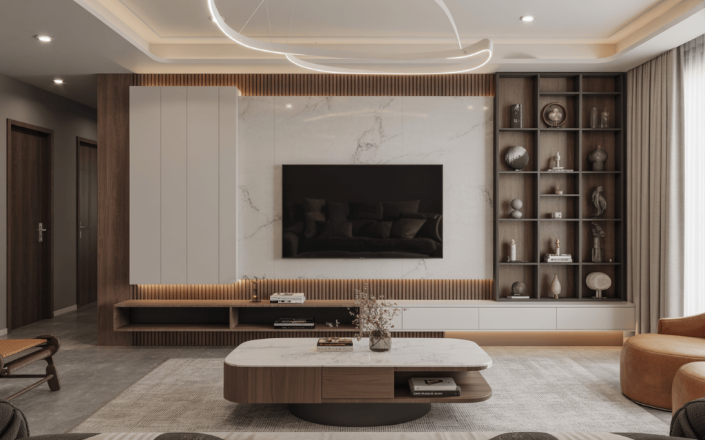 Stylish modern tv wall design with marble center and elegant open shelving