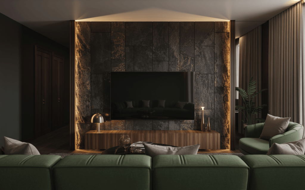 Dark luxury tv wall design with stone tiles, wooden base, and warm lighting