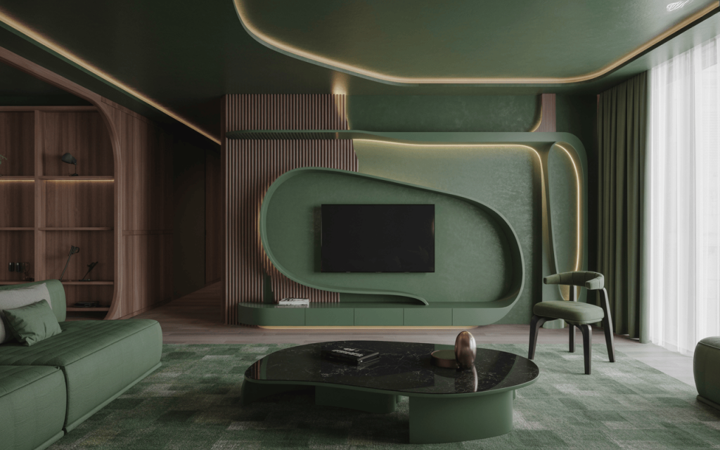 Futuristic modern tv wall design with green curves and ambient LED backlighting