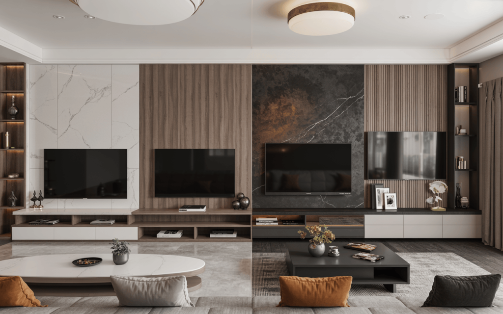 Elegant modern tv wall design featuring marble, wood, and matte black finishes