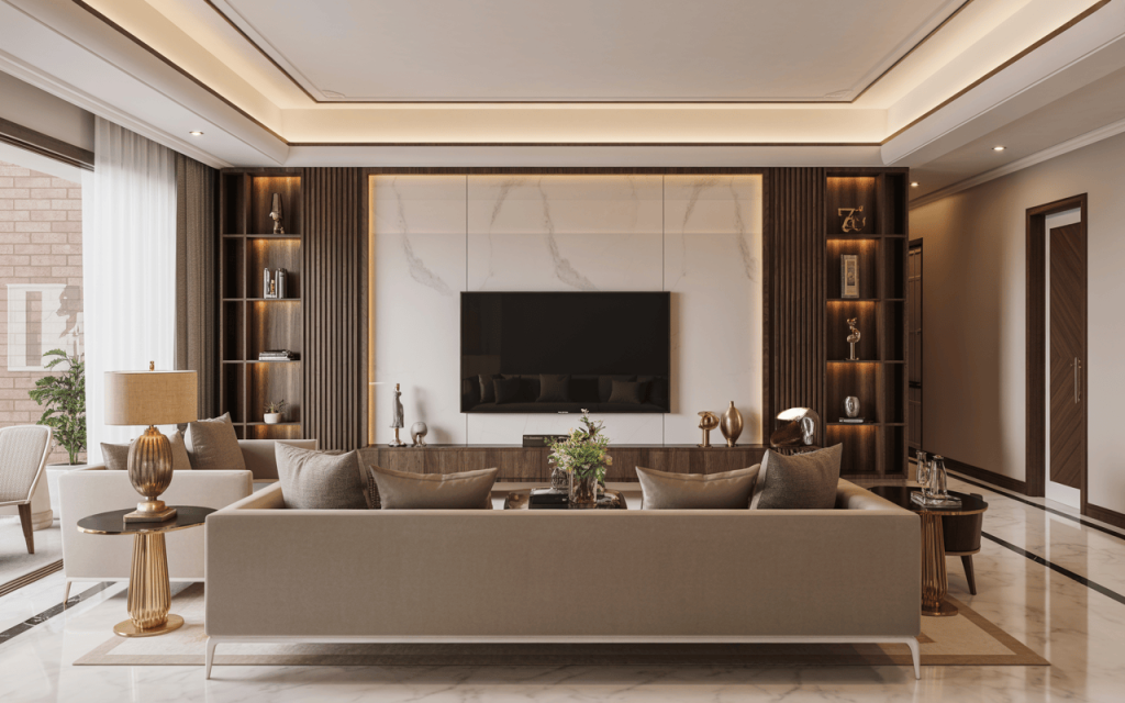 Modern TV wall design with luxury elements and ambient shelf lighting