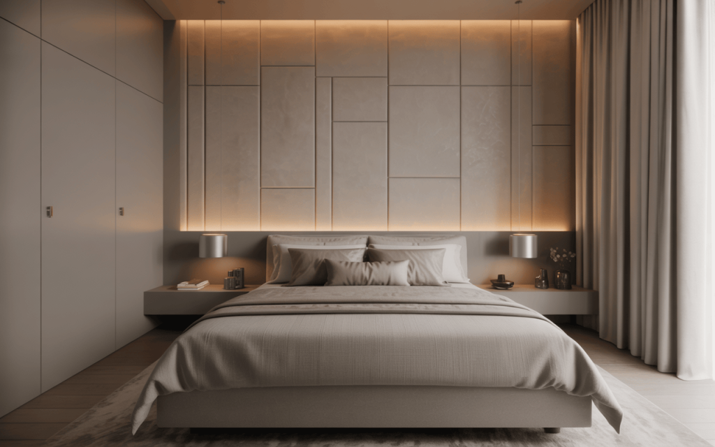 Minimalist bedroom tv wall design with built-in side shelves and soft lighting
