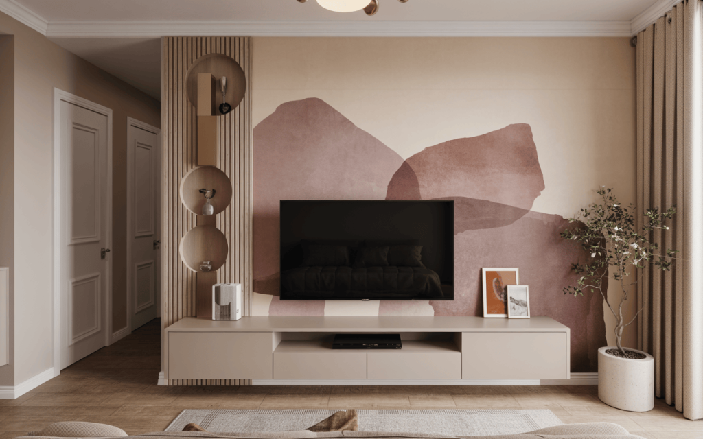 Artistic tv wall design with soft tones, built-ins, and modern decor elements