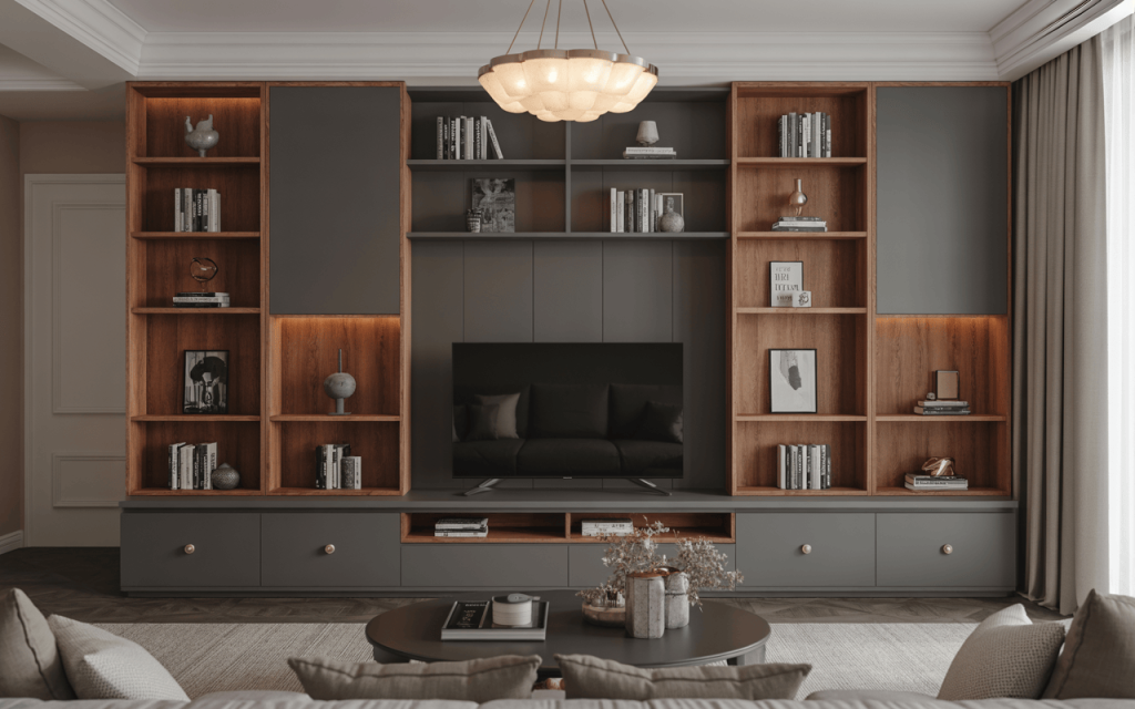 Elegant wooden tv wall design with shelves and books in a cozy living space