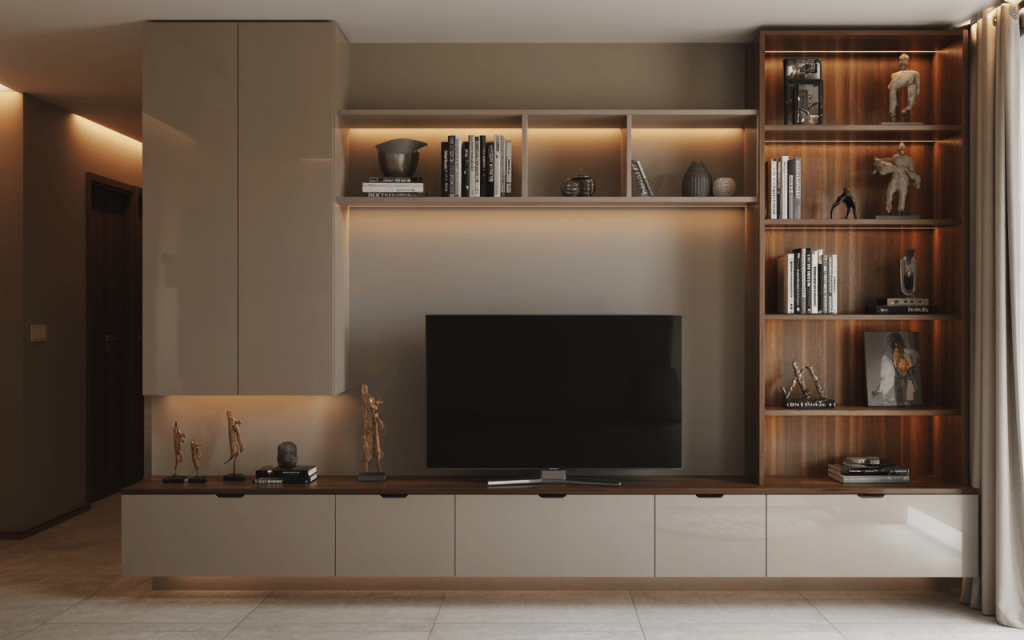 Stylish modern tv wall design with sleek storage and warm wooden shelving