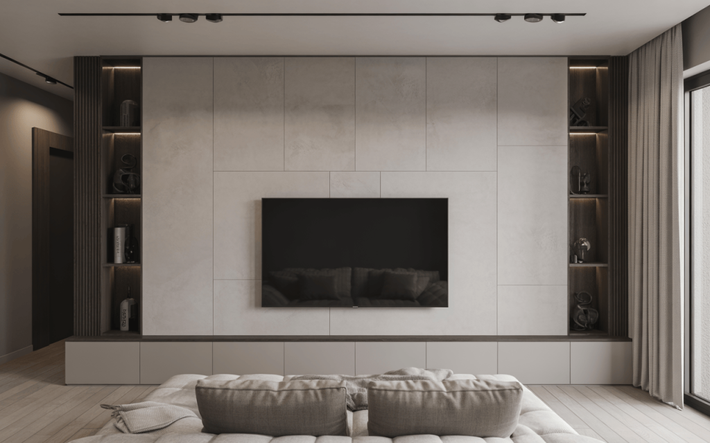 Neutral simple tv wall design with soft tones and built-in shelf décor touches