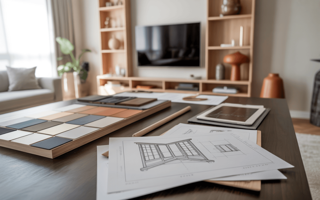 Creative modern tv wall design planning with material swatches and sketches