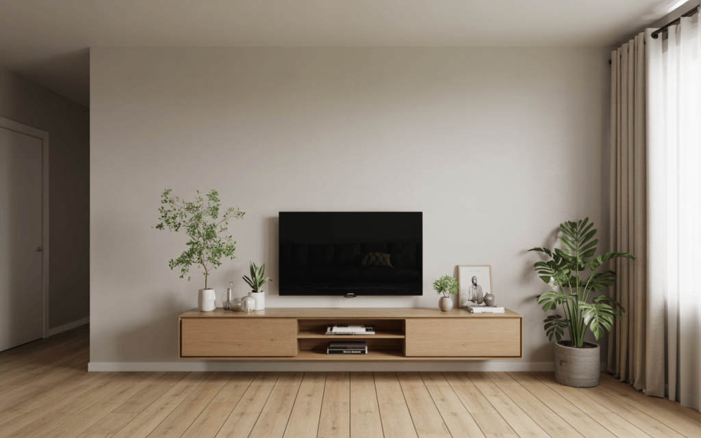 Minimal simple tv wall design with floating wooden unit and indoor greenery