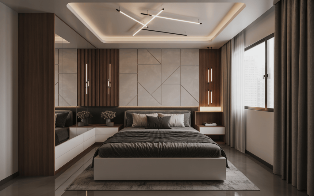 Stylish small bedroom ceiling design 2025 with recessed lights and panels