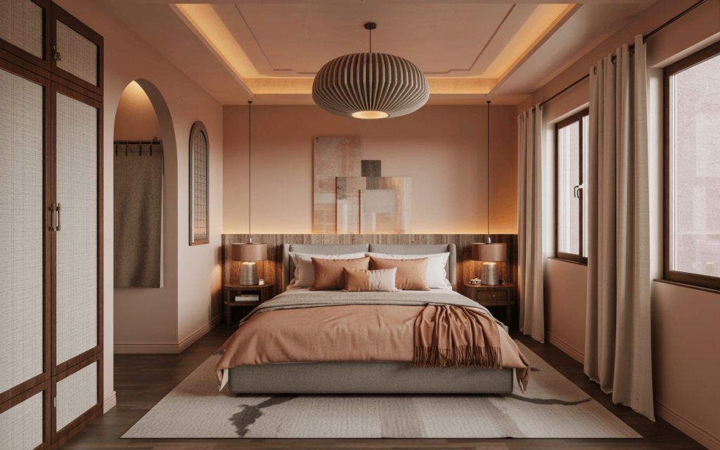 Stylish modern small bedroom ceiling design with warm lighting and soft tones