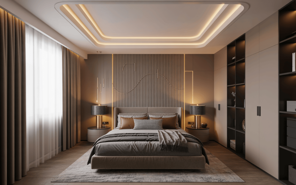 Elegant modern small bedroom ceiling design with recessed tray lights and warm tones