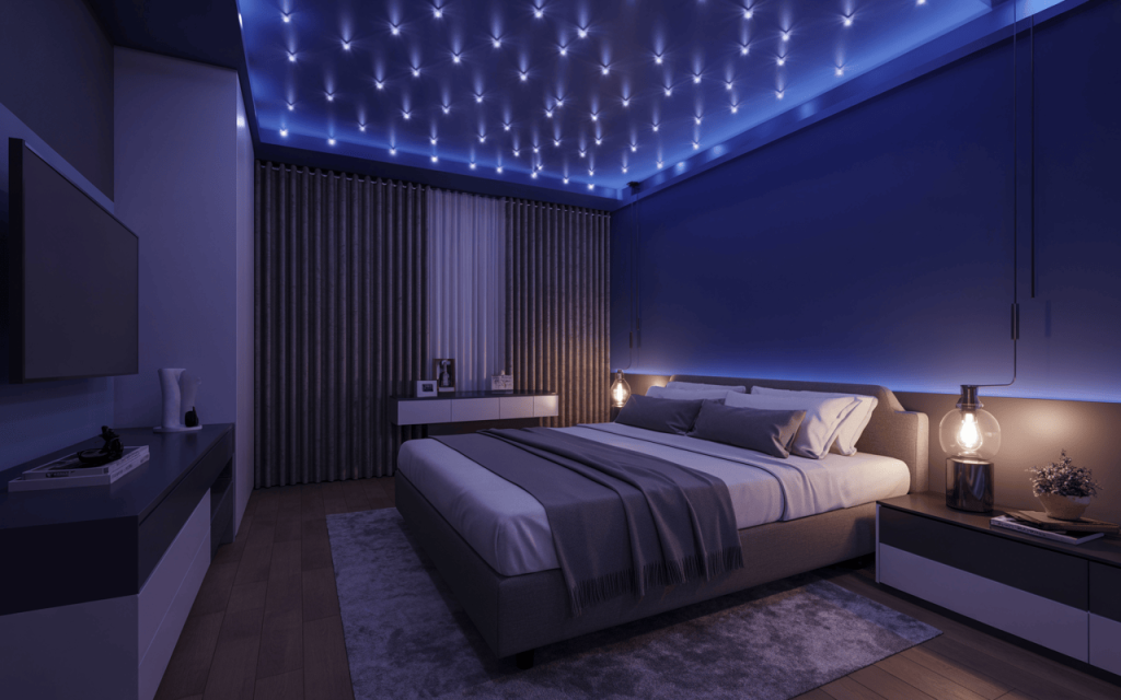 Starry unique modern small bedroom ceiling design with ambient blue LED lighting