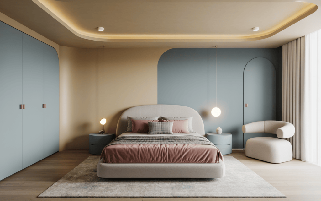 Elegant small bedroom ceiling design 2025 with curved details and soft lighting