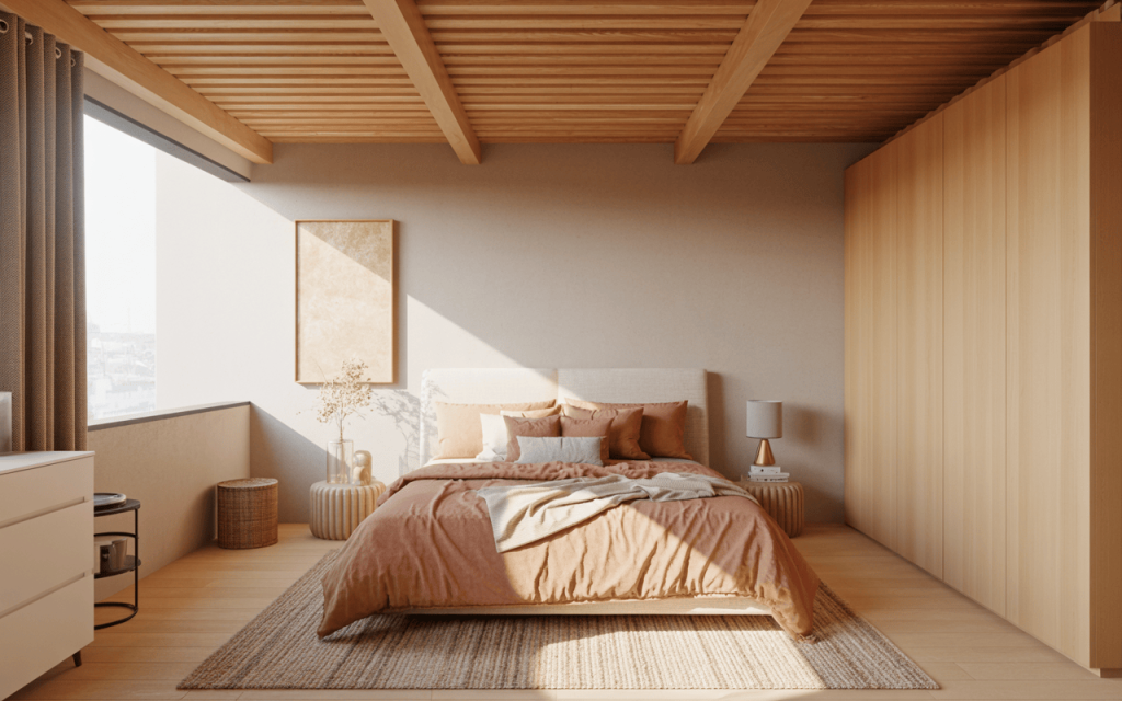 Simple small bedroom ceiling design with exposed wooden beam structure