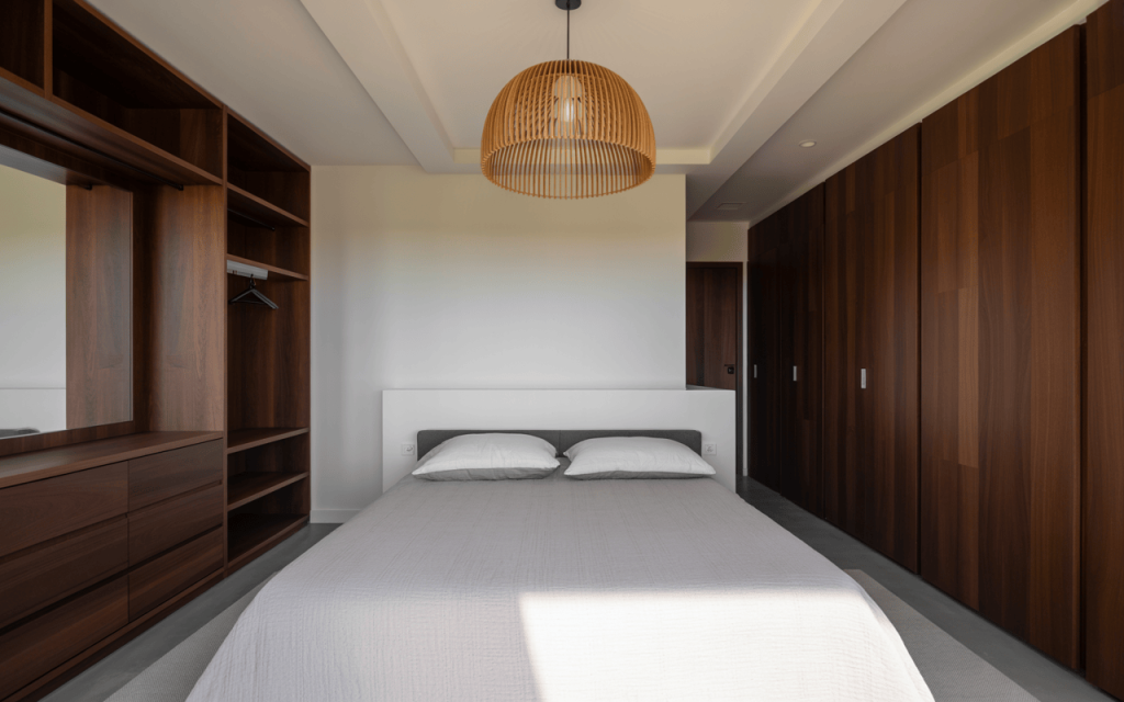 Minimalist simple small bedroom ceiling design with wood wardrobes and pendant light