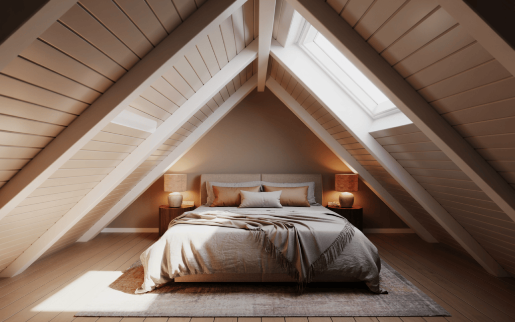 Cozy small space small bedroom ceiling design in warm-toned attic with skylight