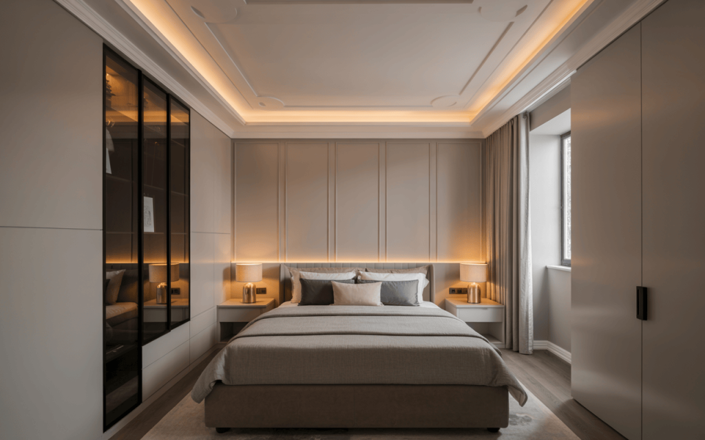 Elegant unique modern small bedroom ceiling design with ambient warm lighting