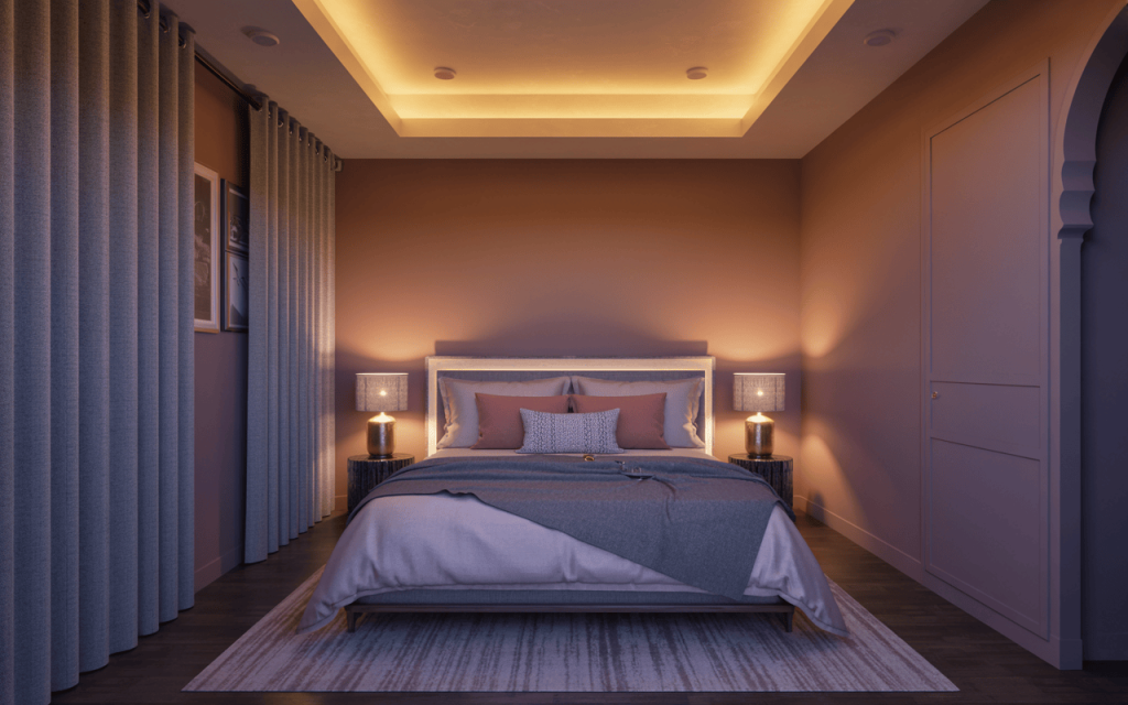 Warm-toned simple small bedroom ceiling design with soft recessed lighting