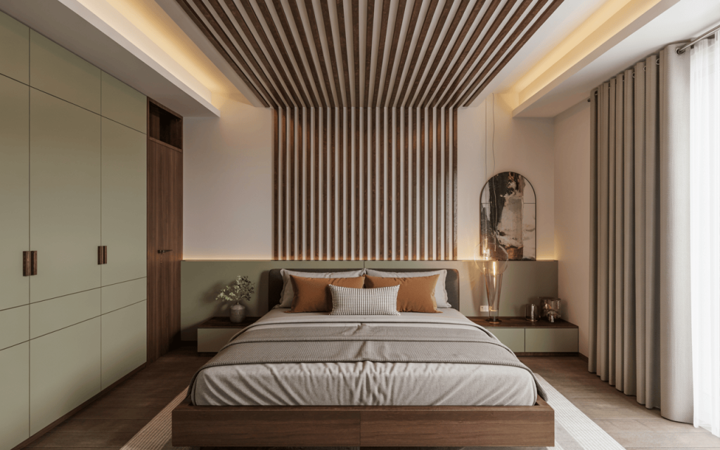 Wooden unique modern small bedroom ceiling design with soft neutral interiors