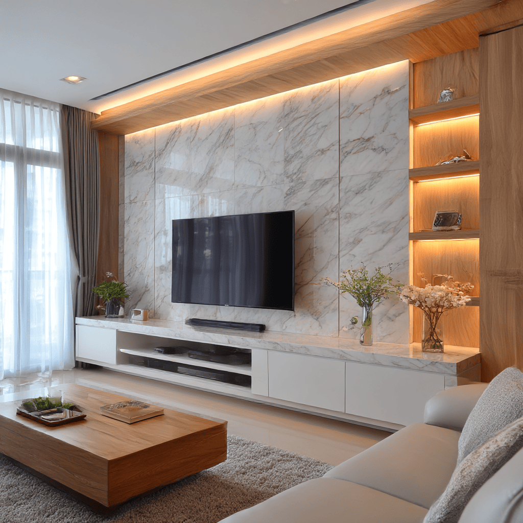 Elegant modern tv wall design with marble finish and ambient shelf lighting