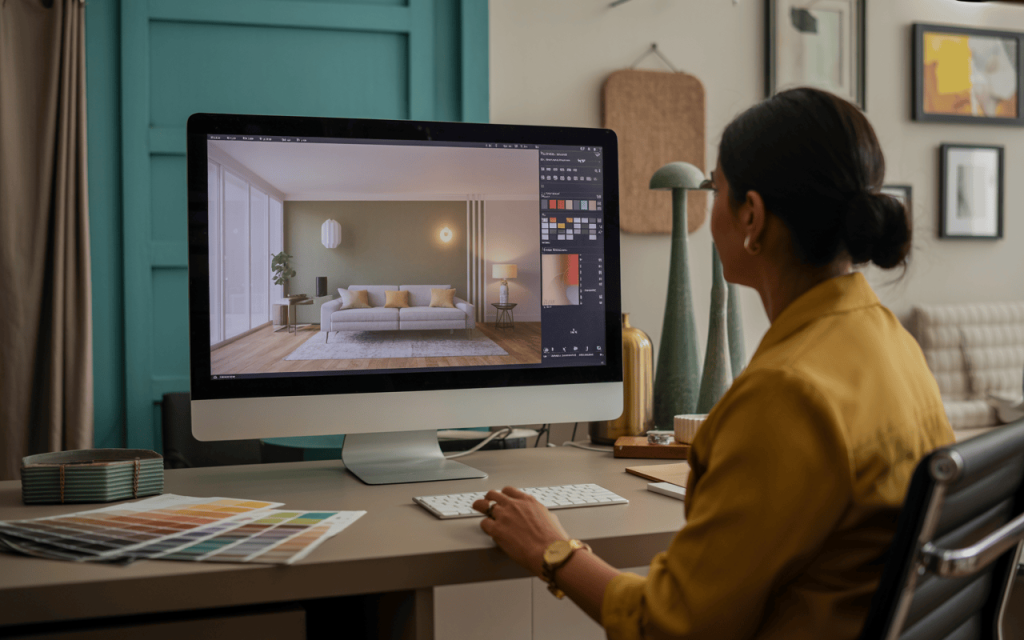 Creative 3d home colour design planning on screen with palette and interior mockup