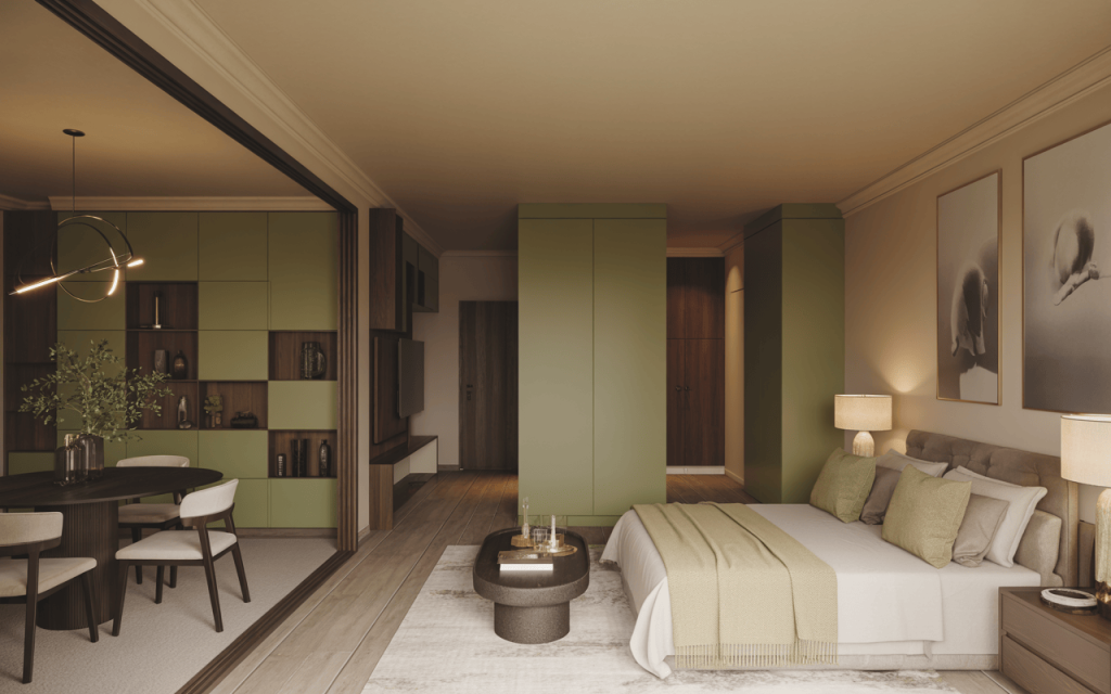 Stylish bedroom home colour design with earthy green accents and warm lighting