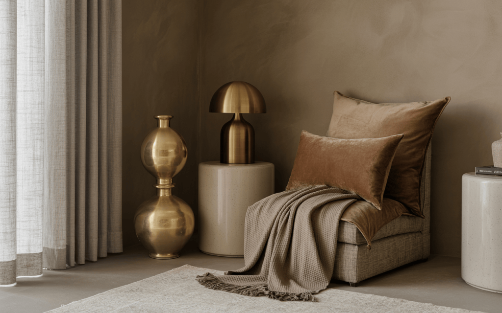 Luxurious interior home colour design with earthy tones and golden decor pieces