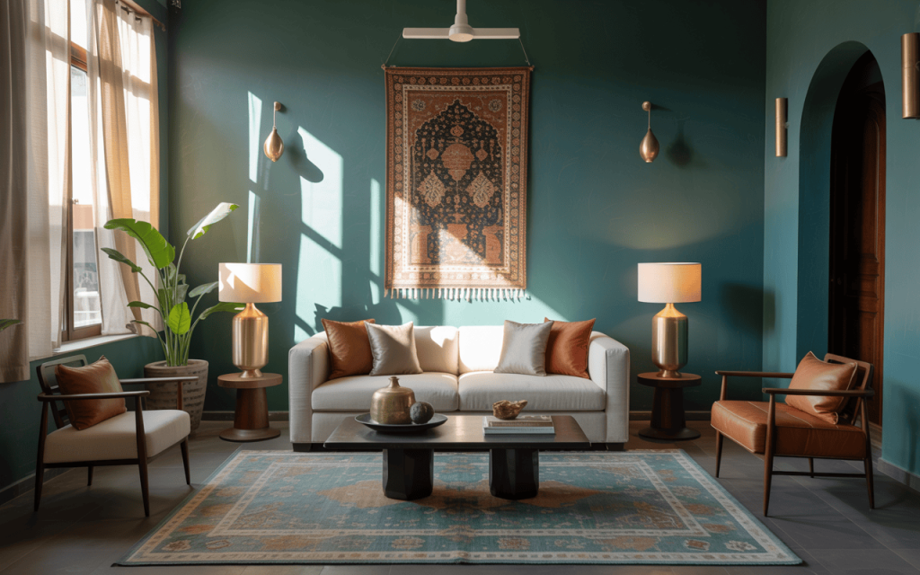 Elegant latest home colour design with deep teal walls and modern ethnic decor